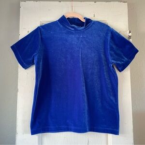 STEPHANIE ANDREWS Royal Blue Velvet Mock Neck Short Sleeve Blouse